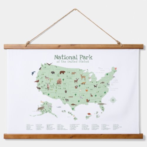 Green Woodland National Parks Map Nursery Decor Hanging Tapestry