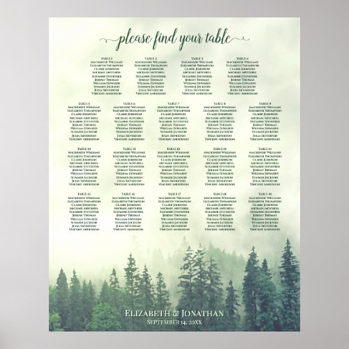 Green Woodland Pine 19 Table Wedding Seating Chart