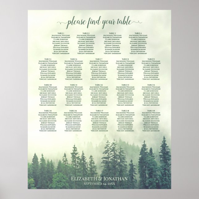 Green Woodland Pine 19 Table Wedding Seating Chart (Front)