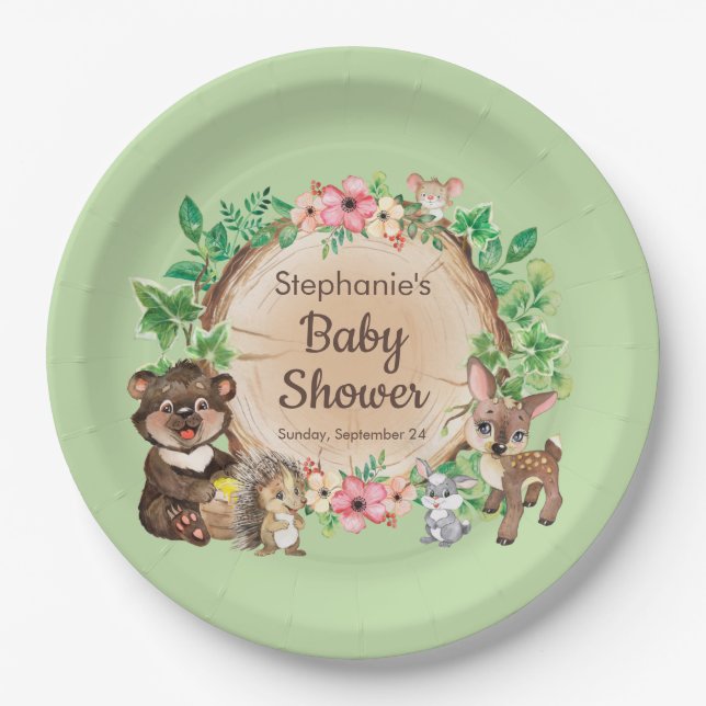Green Woodland Rustic Animal Neutral Baby Shower  Paper Plates (Front)