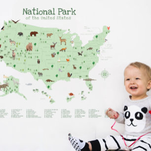 Green Woodland US National Parks Map Nursery  Wall Decal