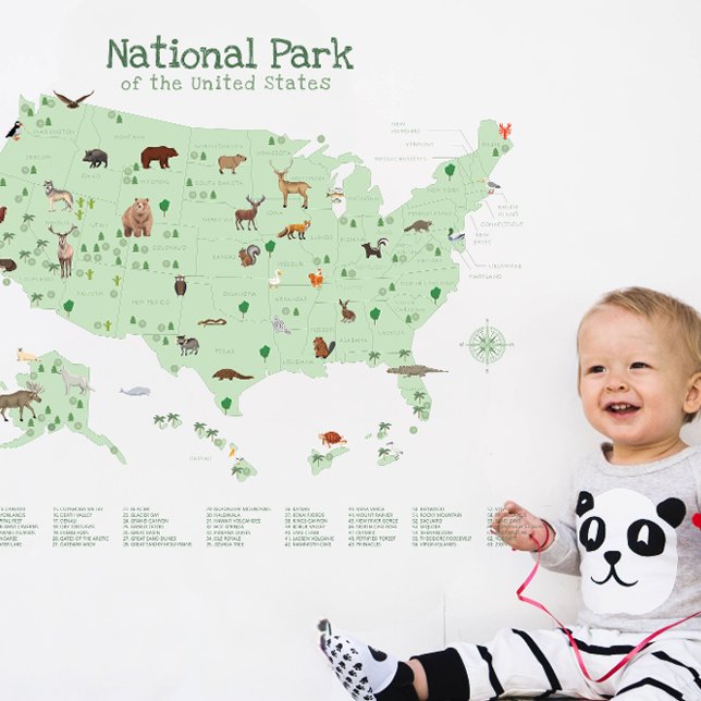 Green Woodland US National Parks Map Nursery  Wall Decal (Green Woodland US National Parks Map Nursery Wall Decal)
