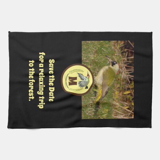 Green Woodpecker Flying Monogram Photo Kitchen Towel (Horizontal)