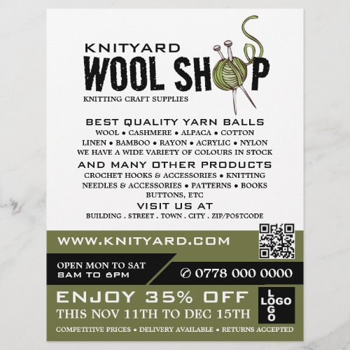 Green Wool Shop Logo Knitting Store Yarn Store Flyer