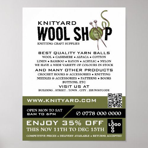 Green Wool Shop Logo Knitting Store Yarn Store Poster