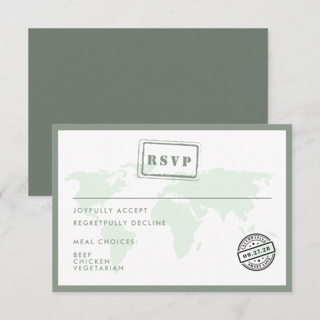 Green World Map Destination Wedding Date Stamp RSVP Card (Front/Back)