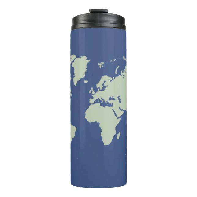 Green world Map in dark blue water Thermal Tumbler (Front)