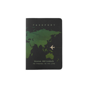 Green World Map on Black Passport Holder