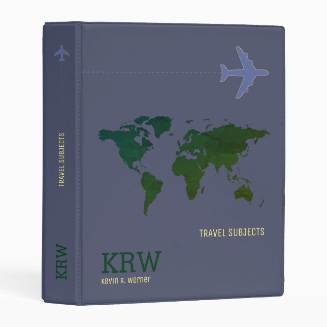 Green World Map travel subjects on blue Mini Binder (Front/Spine)