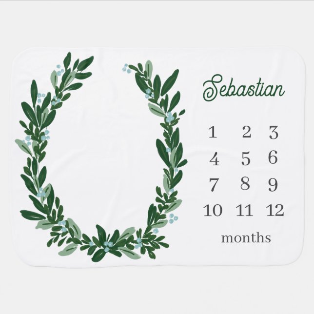 Green Wreath and Berries Monthly Milestone Baby Blanket (Horizontal)