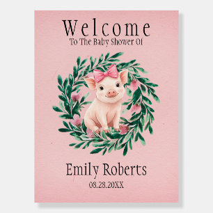 Green Wreath & Baby Pig Girl Baby Shower Welcome Foam Board