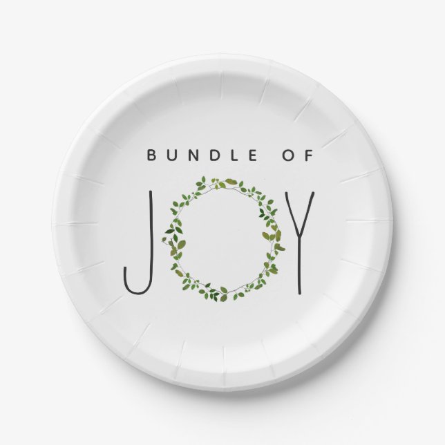 Green Wreath Bundle Of Joy Neutral Baby Shower Paper Plates (Front)