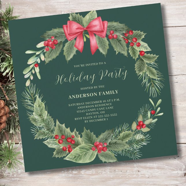 Green Wreath Christmas Holiday Party Invitation (Creator Uploaded)
