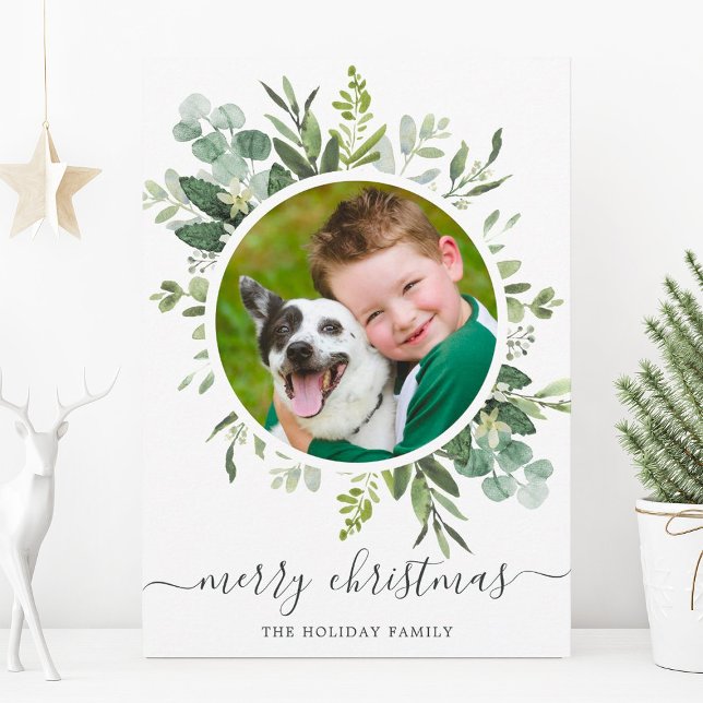 Green Wreath Custom Text Holiday Photo Card (Creator Uploaded)