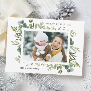Green Wreath Custom Text Photo Christmas Holiday Card
