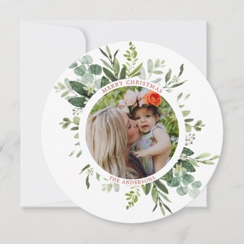 Green Wreath Custom Text Photo Circle Holiday Card