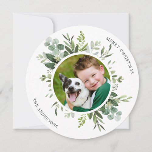 Green Wreath Custom Text Photo Circle Holiday Card