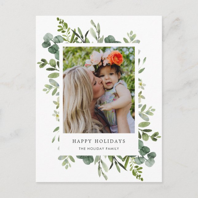 Green Wreath Custom Text Photo Holiday Postcard (Front)