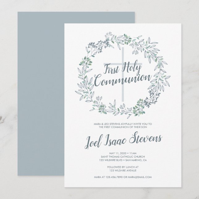 Green Wreath First Holy Communion Invitation (Front/Back)