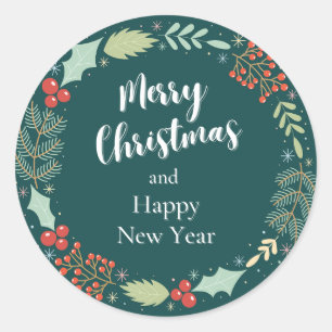 Green Wreath Floral Simple Merry Christmas Classic Round Sticker