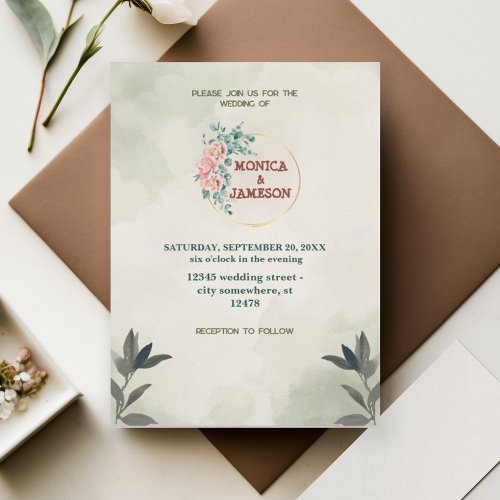 Green wreath Floral Watercolor Wedding Invitation