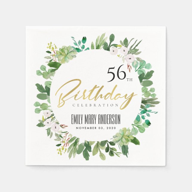 GREEN WREATH FOLIAGE WATERCOLOR ANY AGE BIRTHDAY NAPKINS (Front)