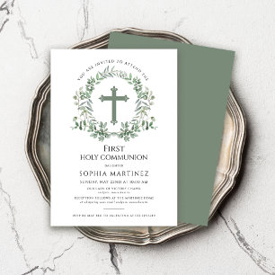 Green Wreath Girl'sFirst Holy Communion Invitation