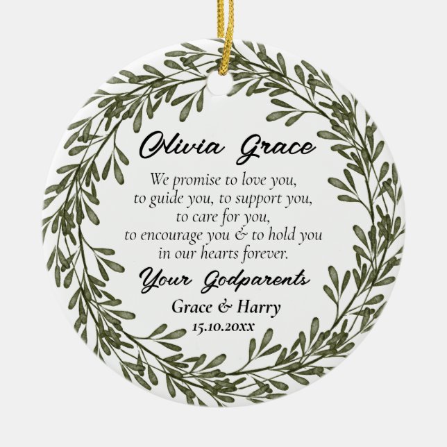 Green Wreath Godparents Promise to Godchild Ceramic Ornament (Front)