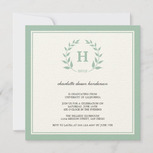 Green wreath monogram graduation class invitation