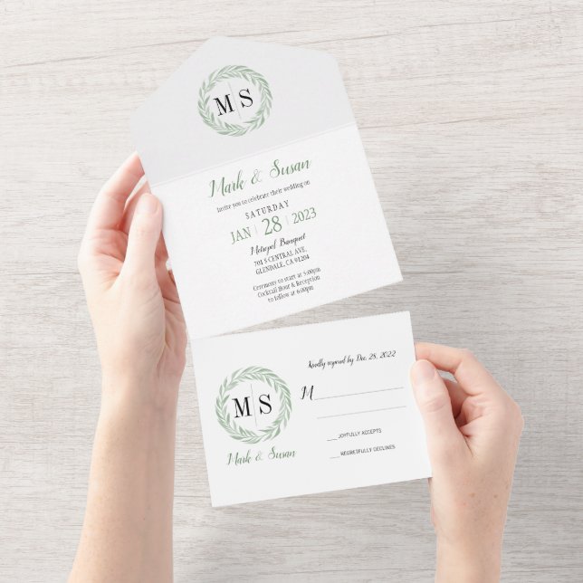 Green Wreath Monogram Wedding All In One Invitatio Invitation (Tearaway)