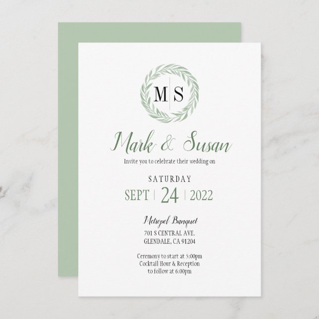Green Wreath Monogram Wedding Invitation (Front/Back)
