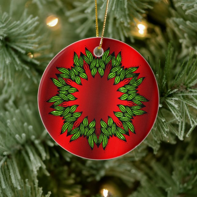Green Wreath on Red Christmas Ceramic Ornament (Tree)