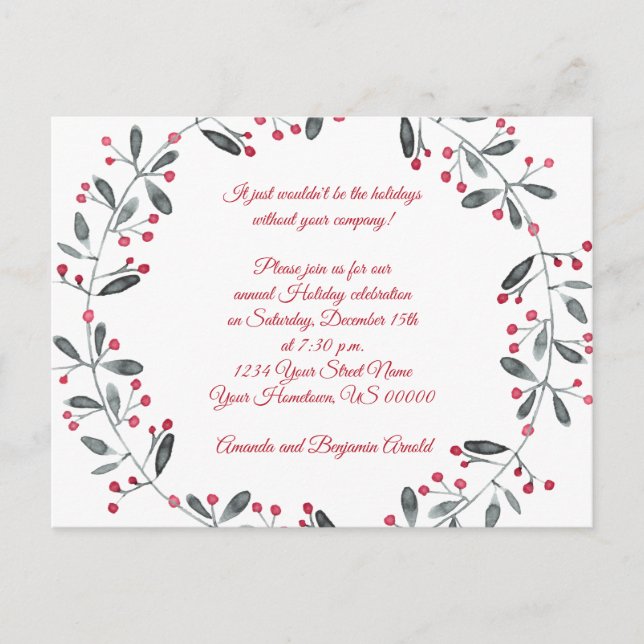Green Wreath Red Berries Holiday Party Invitation Postcard (Front)