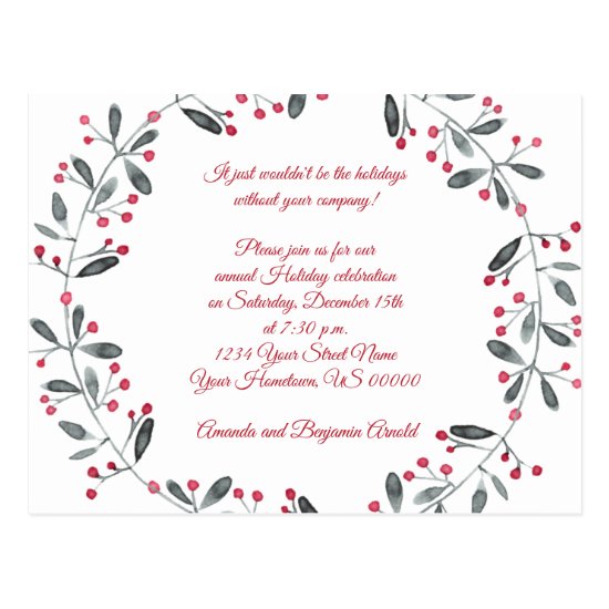 Green Wreath Red Berries Holiday Party Invitation Postcard
