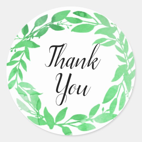 Green Wreath Watercolor Thank you Script Font Classic Round Sticker