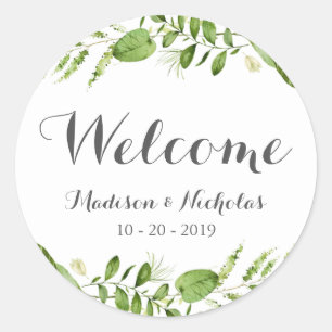 Green Wreath Wedding Welcome Stickers, Rustic Leaf Classic Round Sticker