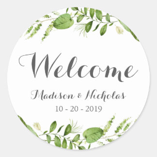 Green Wreath Wedding Welcome Stickers, Rustic Leaf Classic Round Sticker
