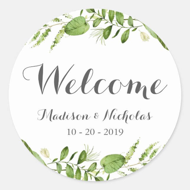 Green Wreath Wedding Welcome Stickers, Rustic Leaf Classic Round Sticker (Front)