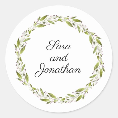 Green Wreath with Burgundy Flowers  Wedding Classic Round Sticker