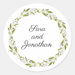 Green Wreath with Burgundy Flowers Wedding Classic Round Sticker