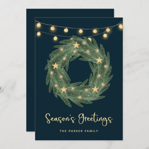 Green Wreath with Gold String Lights on Blue Holiday Card