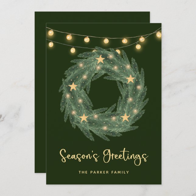 Green Wreath with Gold String Lights on Green Holiday Card (Front/Back)