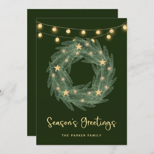 Green Wreath with Gold String Lights on Green Holiday Card