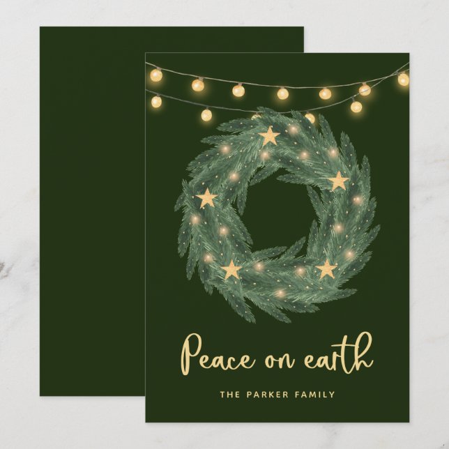Green Wreath with Gold String Lights on Green Holiday Card (Front/Back)