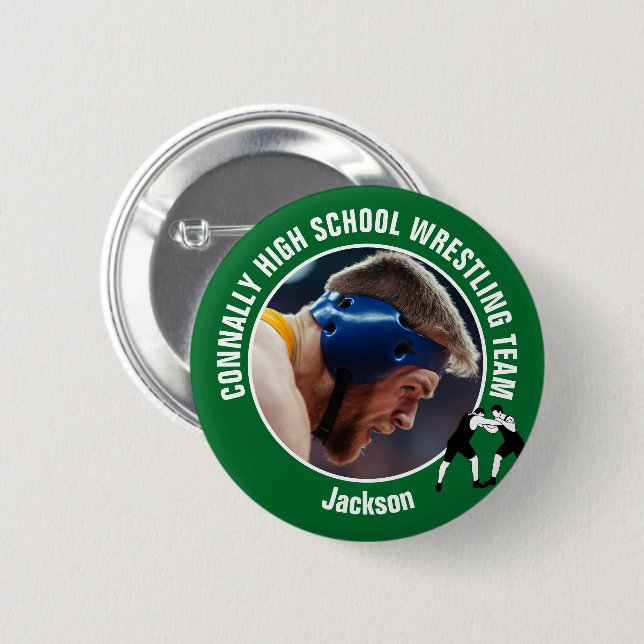 Green Wrestling Team Photo High School Wrestler Button (Front & Back)