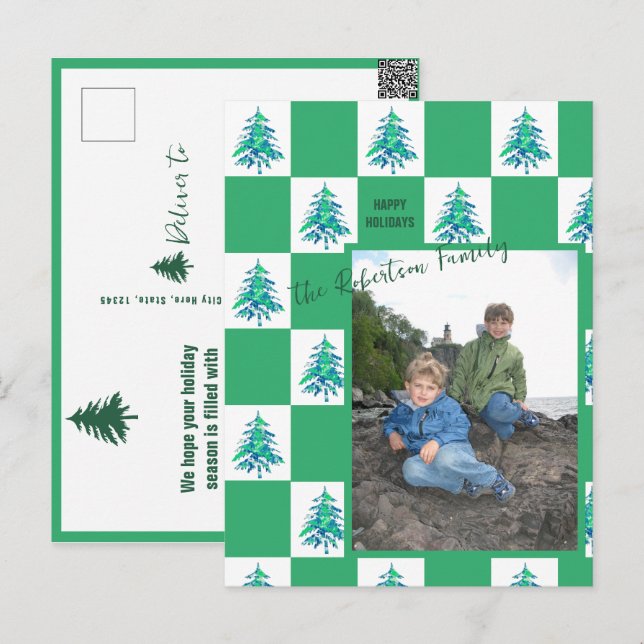 Green Xmas Tree Checkerboard Holiday Photo Postcard (Front/Back)