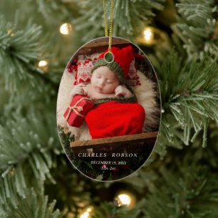 Green Xmas Trees 1st Christmas Birth Stats Photo Ceramic Ornament