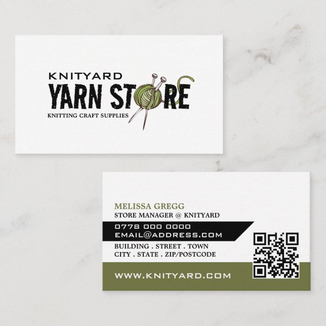 Green Yarn Store Logo, Knitting Store, Yarn Store Business Card (Front/Back)