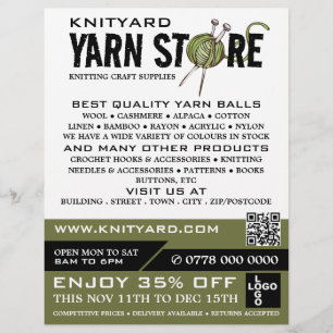 Green Yarn Store Logo, Knitting Store, Yarn Store Flyer