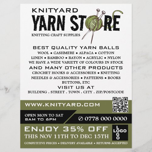 Green Yarn Store Logo Knitting Store Yarn Store Flyer